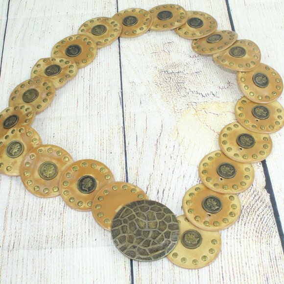 Classic Brown Leather Coin Studded Embellished Boho Morrocan Belt Size M/L - Picture 3 of 8